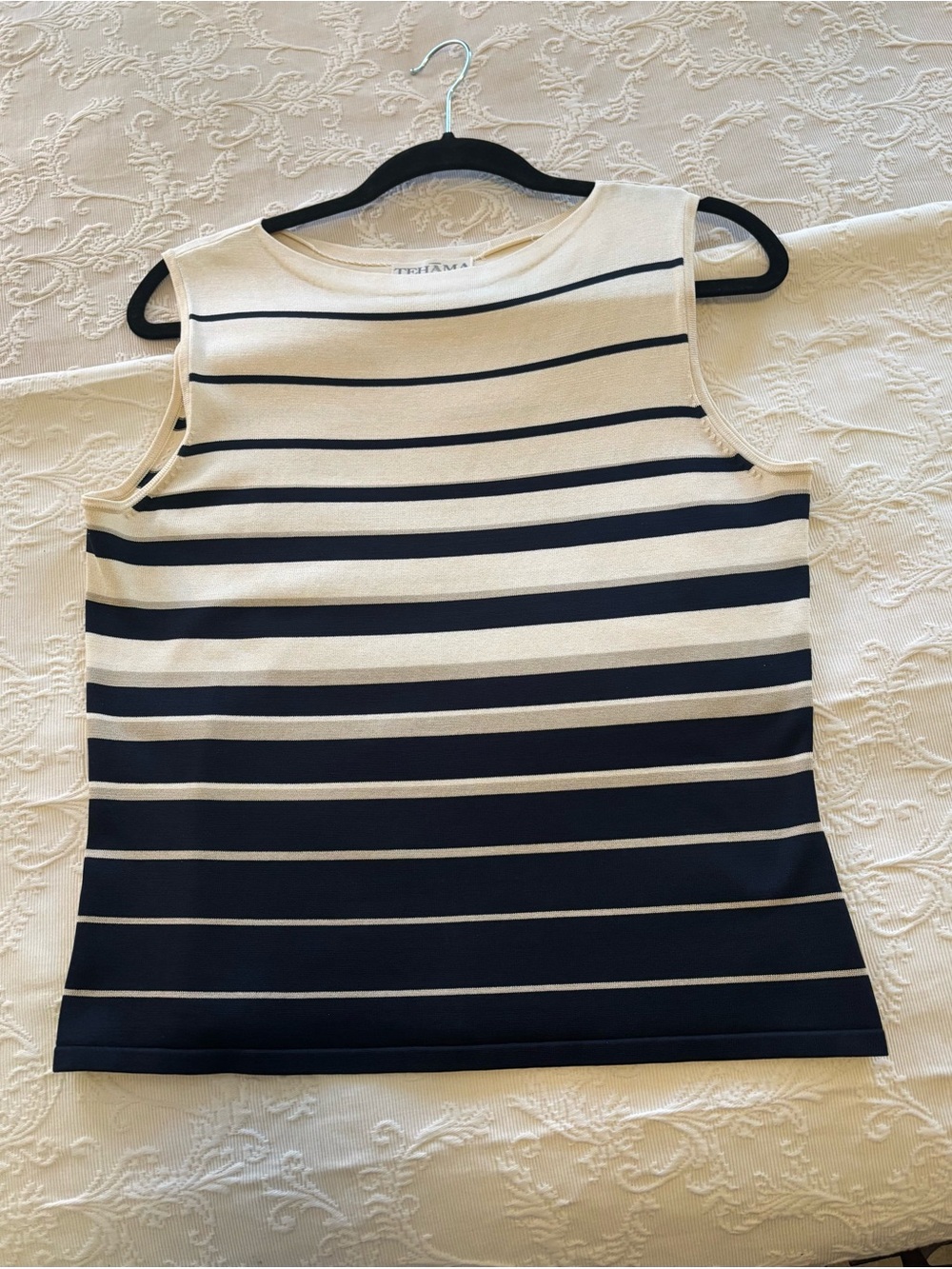 TEHAMA Striped 80% Silk Sleeveless Tank - Navy, Cream and Tan. Size M